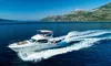Luxury yacht cruising along Croatian coast near Dubrovnik, with Elaphiti islands and clear blue Adriatic Sea in background