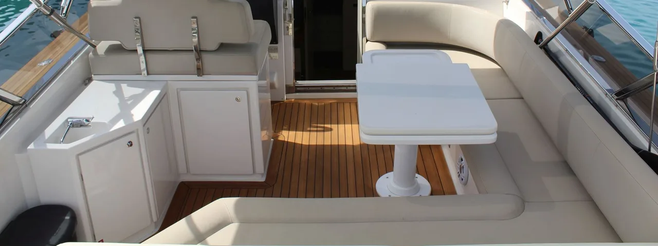 Luxurious yacht ITAMA 45 deck with spacious seating area, perfect for Adriatic Sea cruises from Dubrovnik, Croatia.