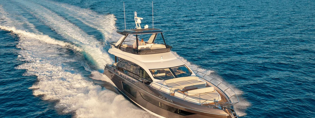 Aglaya luxury yacht cruising in sunny Croatian waters, showcasing modern design and elegant wake.