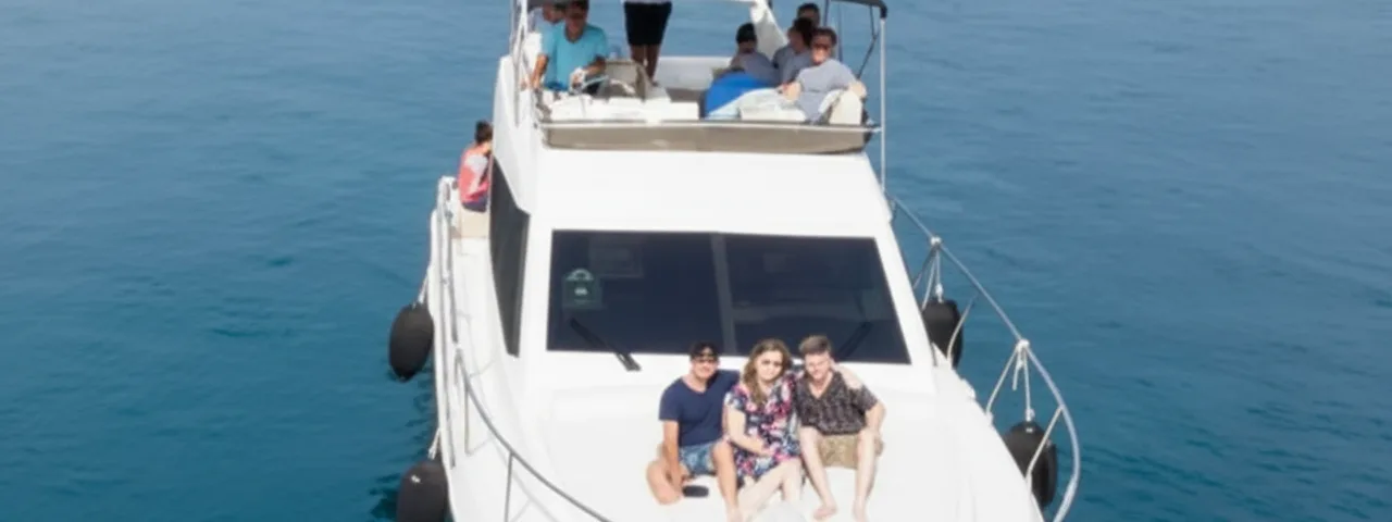 Aerial view of a luxury yacht charter cruising the crystal-clear turquoise waters of the Dubrovnik Elaphite Islands. A small group of friends or family enjoys a private boat tour, surrounded by stunning islands, perfect for an exclusive island hopping adventure or premium Dubrovnik vacation.