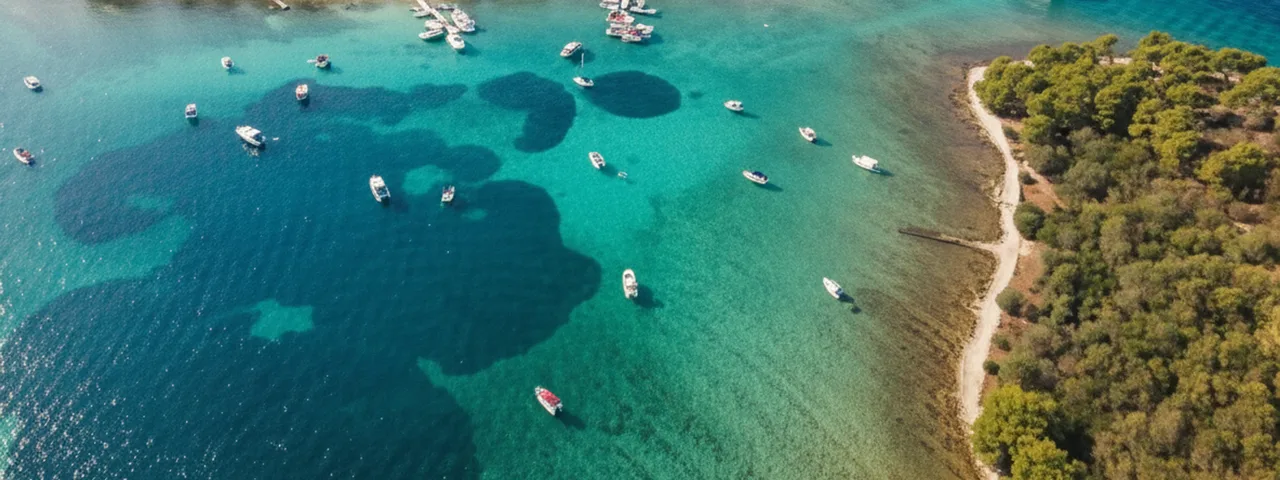 Aerial view of Croatia's Blue Lagoon near Split, featuring numerous boats in stunning clear turquoise water and lush green islands.