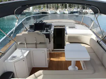 Luxurious yacht ITAMA 45 deck with spacious seating area, perfect for Adriatic Sea cruises from Dubrovnik, Croatia.