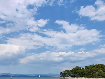 View of crystal-clear turquoise waters of Blue Lagoon near Split, Croatia, with a green island and sailboat under a blue sky.