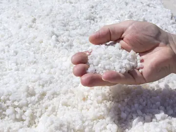 Hand scooping white sea salt crystals from a mound at the historic Ston salt works with salt pans in background, Dalmatia, Croatia