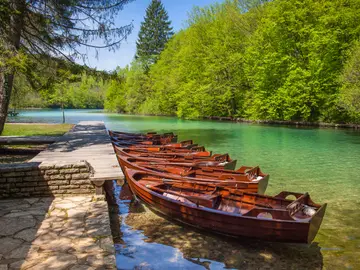 Plitvice lakes travertine waterfalls boardwalk aerial ldithd