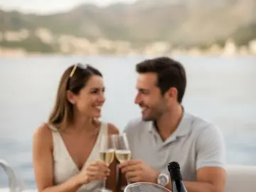 Chilled wine bottle and glasses in an ice bucket on a luxury yacht deck with a scenic Croatian coast backdrop.