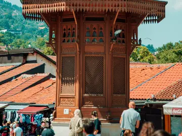 Ornate dome of an Ottoman mosque in Baščaršija, Sarajevo old town, with traditional Islamic architecture, Bosnia