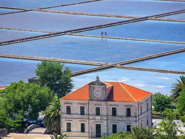 Aerial view of Ston salt pans geometric grid of evaporation pools with two workers and historic stone administrative building, Croatia