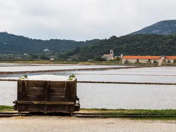 Vintage wooden harvest cart on rails at Ston salt pans with shallow evaporation ponds and historic stone building behind, Croatia
