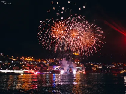 Spectacular night fireworks display over a Dubrovnik waterfront on Summer Festival opening.