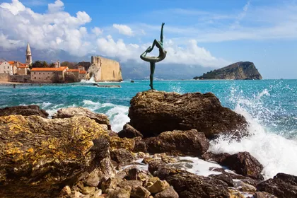 Sveti stefan island aerial drone turquoise adriatic f896tx