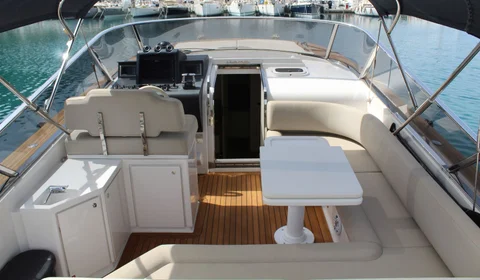 Luxurious yacht ITAMA 45 deck with spacious seating area, perfect for Adriatic Sea cruises from Dubrovnik, Croatia.