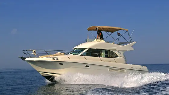 Prestige 36 Fly motorboat cruising crystal-clear Adriatic waters near Dubrovnik