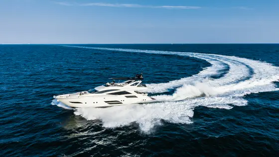 Private yacht cruising the Adriatic along the Budva Riviera near Sveti Stefan, Montenegro