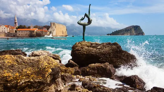 Sveti stefan island aerial drone turquoise adriatic f896tx