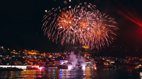 Spectacular night fireworks display over a Dubrovnik waterfront on Summer Festival opening.