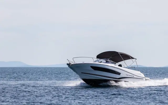 Jeanneau Cap Camarat 755 Series II speedboat on calm Adriatic waters near Dubrovnik