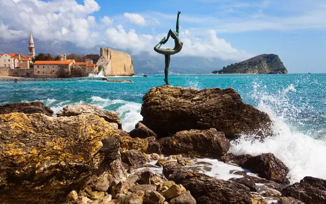 Sveti stefan island aerial drone turquoise adriatic f896tx