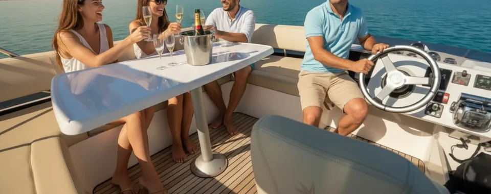 Guests enjoying drinks with their skipper on a private boat tour in Dubrovnik.