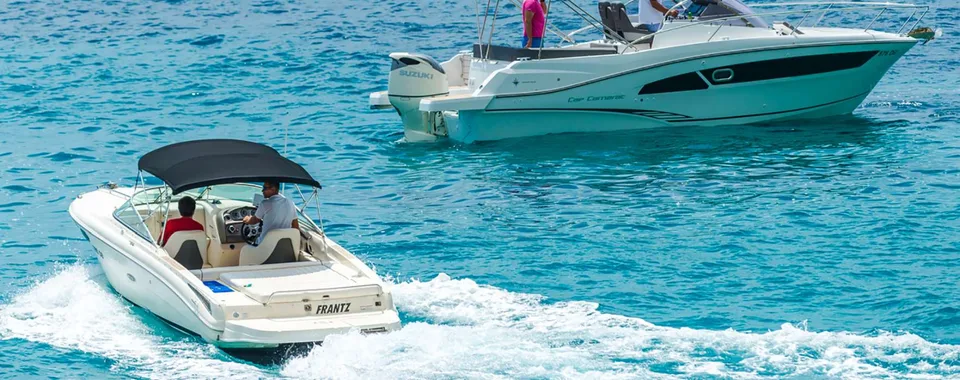 Motor speedboat with skipper and guest cruising on a private boat tour from Dubrovnik.