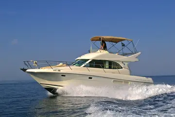 Prestige 36 Fly motorboat cruising crystal-clear Adriatic waters near Dubrovnik