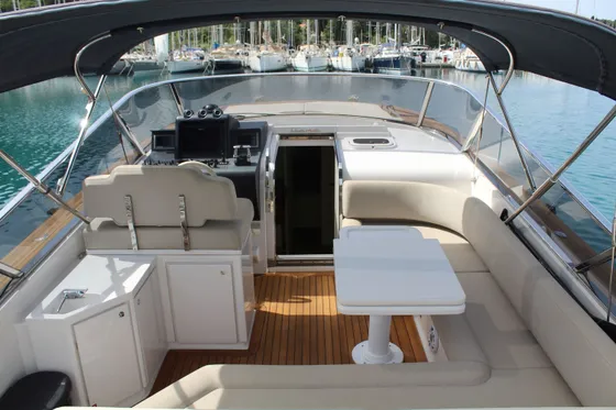 Luxurious yacht ITAMA 45 deck with spacious seating area, perfect for Adriatic Sea cruises from Dubrovnik, Croatia.