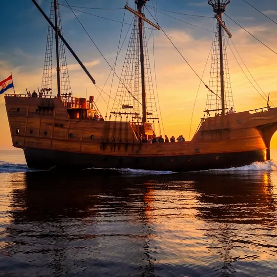 Historic-style Dubrovnik luxury event ship at sunset on the Adriatic Sea