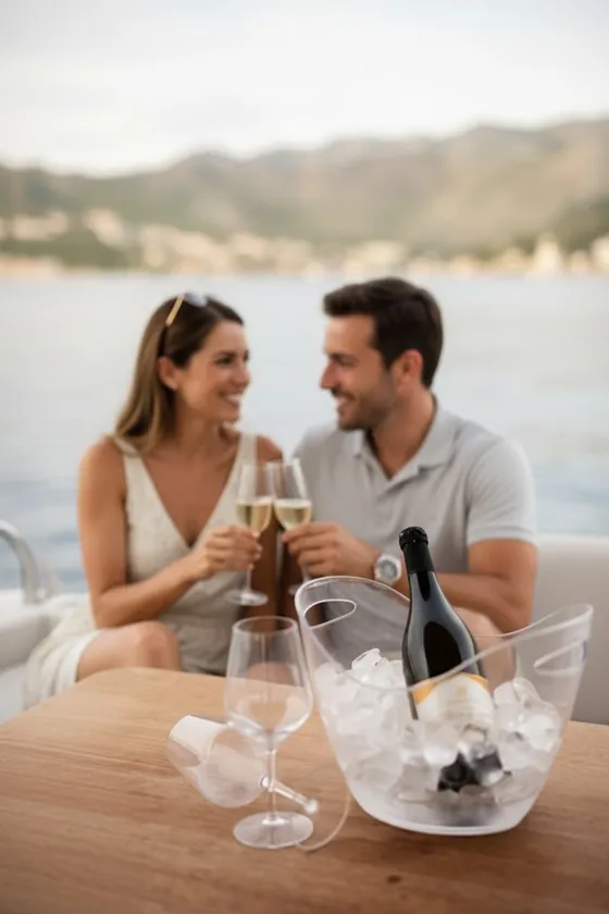 Chilled wine bottle and glasses in an ice bucket on a luxury yacht deck with a scenic Croatian coast backdrop.