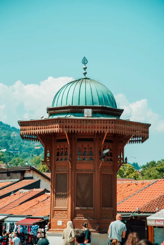 Ornate dome of an Ottoman mosque in Baščaršija, Sarajevo old town, with traditional Islamic architecture, Bosnia