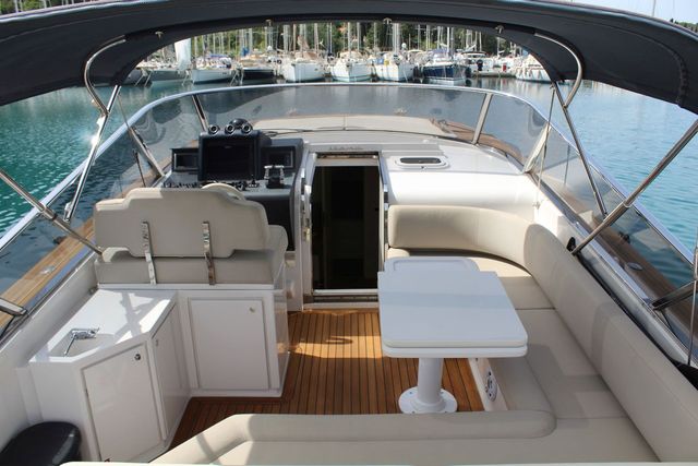 Luxurious yacht ITAMA 45 deck with spacious seating area, perfect for Adriatic Sea cruises from Dubrovnik, Croatia.