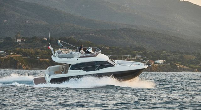 Luxury yacht Prestige 460 Fly cruising on blue Adriatic waters, Dubrovnik, Croatia.