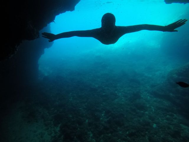 Amazing image of entering inside blue cave island Kolocep Dubrovnik